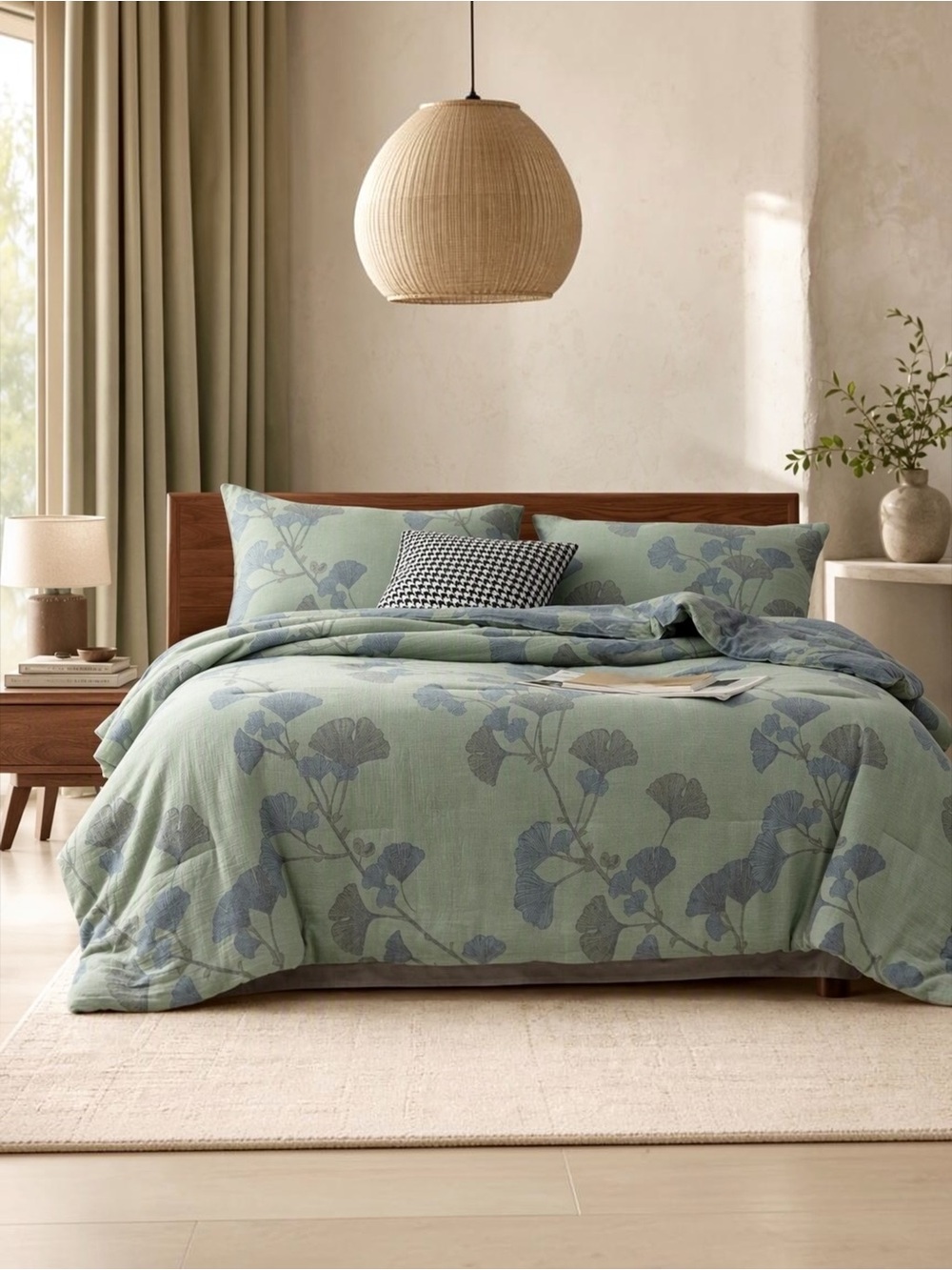 NEW Anthropologie Blue Green Floral Reversible Queen / King Comforter & Sham Set